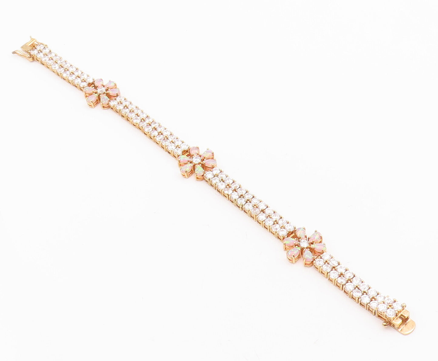 925 Sterling Silver Vintage Bracelet Fire Opal Flower CZ Band  BT10534
