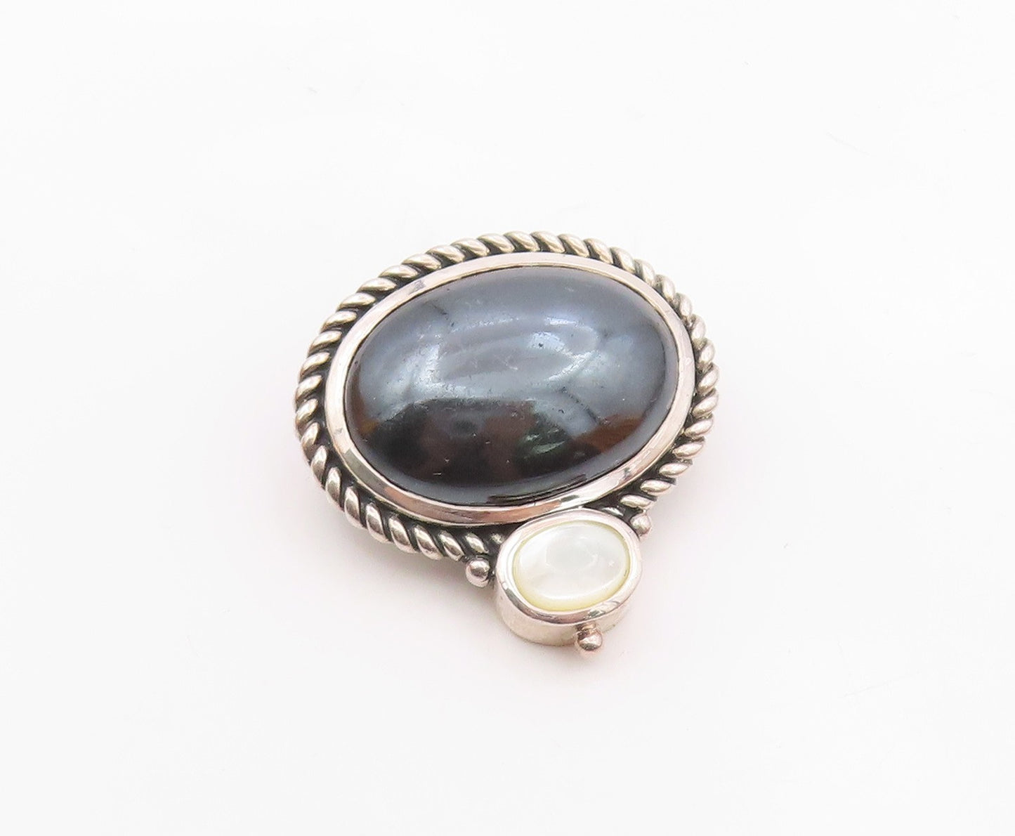 925 Sterling Silver  Vintage Hematite & Mother Of Pearl Twist Pendant PT7594