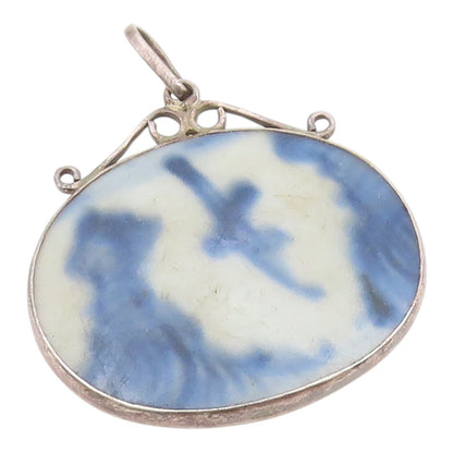 925 Sterling Silver  Vintage Chinese Ceramic Art Dark Tone Pendant  PT13380