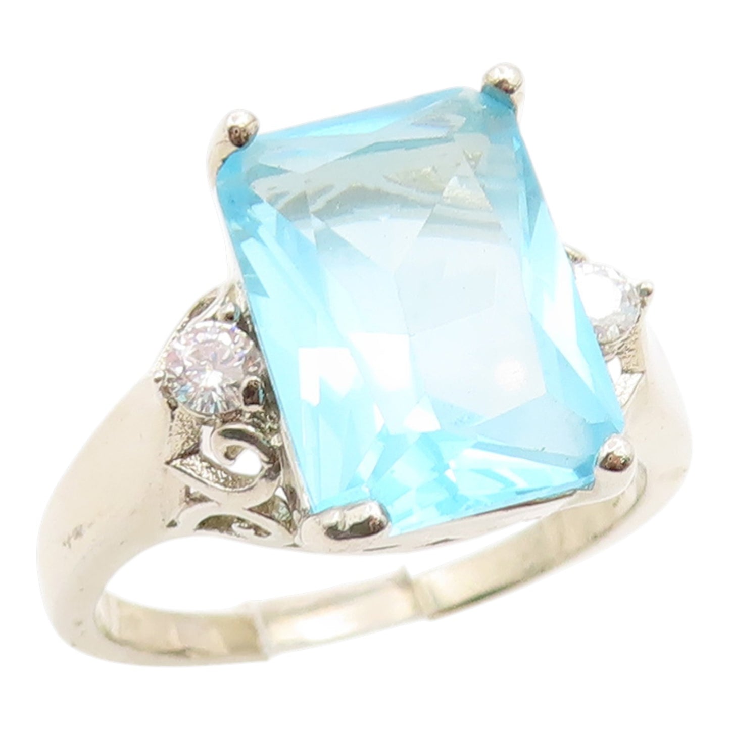 925 Sterling Silver Vintage Ring Elegant Aquamarine & CZ Band  Sz 10.5  RG35551