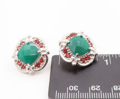 925 Sterling Silver Vintage Earrings Square Green Onyx & Garnet Flower  EG13388