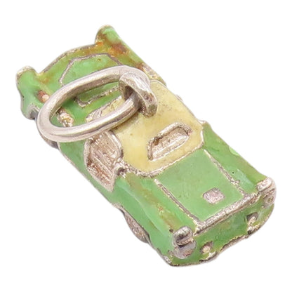 925 Silver  Vintage Green & Yellow Enamel Old Fashion Car Pendant  PT19872