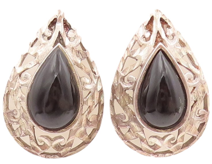 925 Sterling Silver Vintage Earrings Drop Shape Onyx Halo Swirly Carved  EG12958