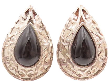 925 Sterling Silver Vintage Earrings Drop Shape Onyx Halo Swirly Carved  EG12958