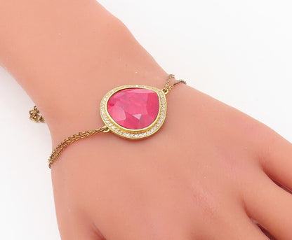 925 Sterling Silver Vintage Bracelet Gold Plated Red Gemstone & Diamonds BT10723