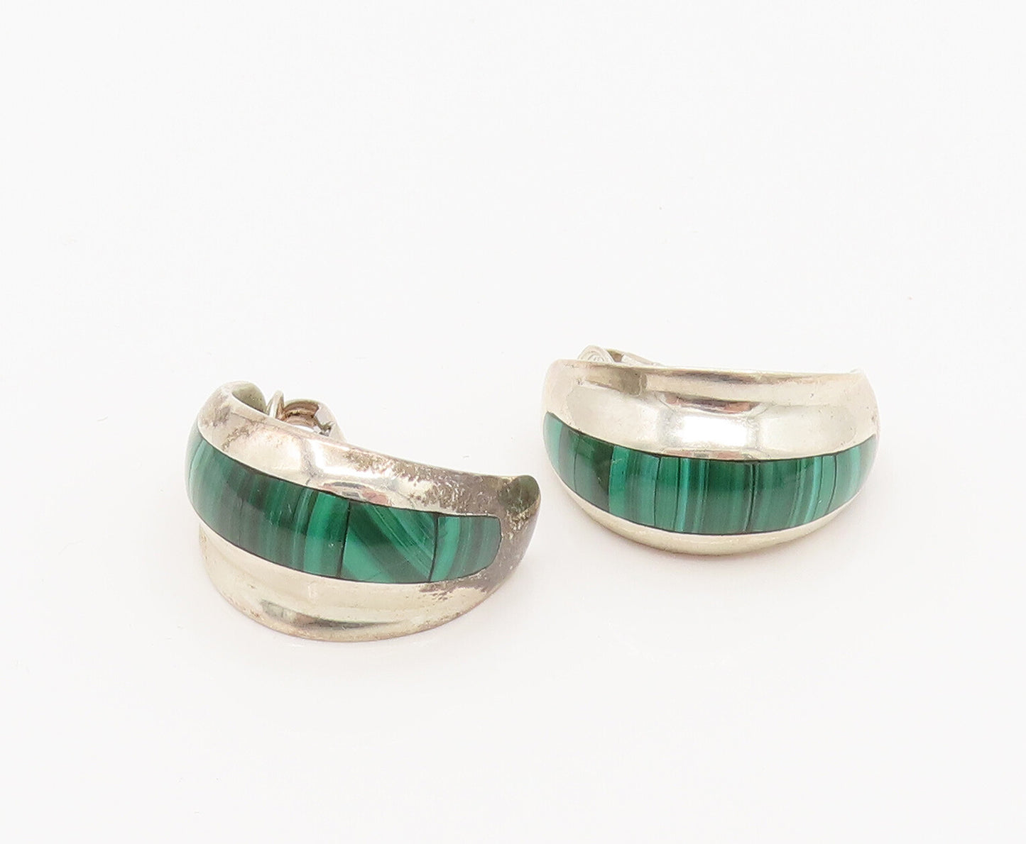 925 Silver  Vintage Inlaid Malachite Half Hoop Clip Back Earrings  EG12373
