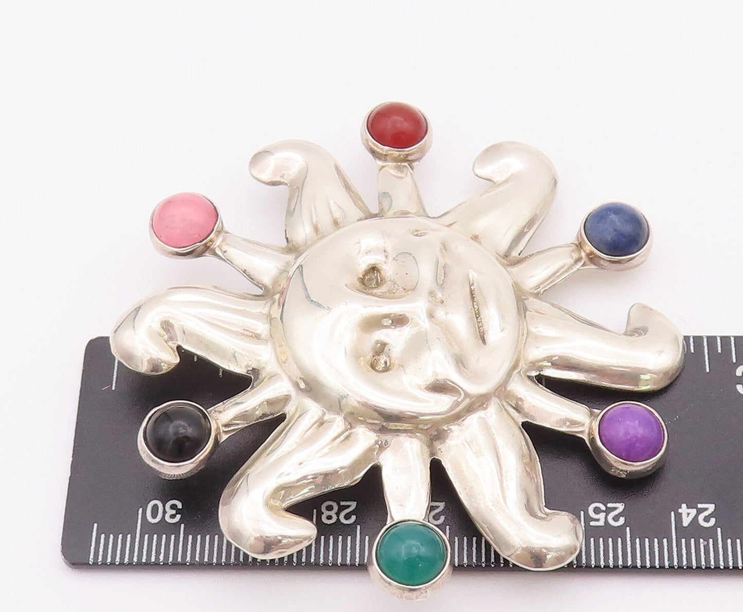 925 Sterling Silver Vintage Brooch Pin MEXICO Multi Gemstone Carved Sun  BP10743