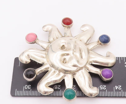 925 Sterling Silver Vintage Brooch Pin MEXICO Multi Gemstone Carved Sun  BP10743
