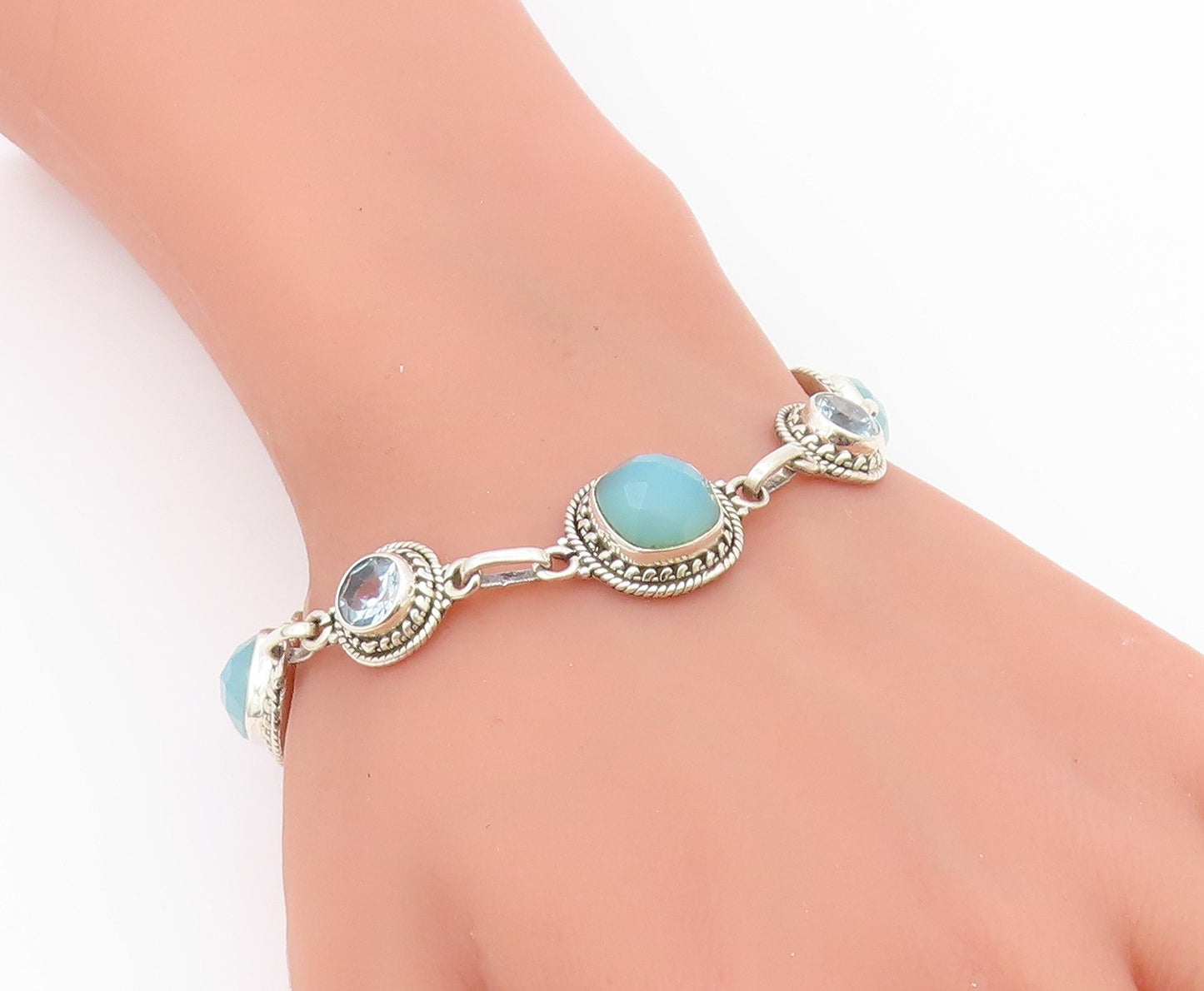 925 Sterling Silver  Aqua Chalcedony & Topaz Shiny Twist Chain Bracelet BT3635