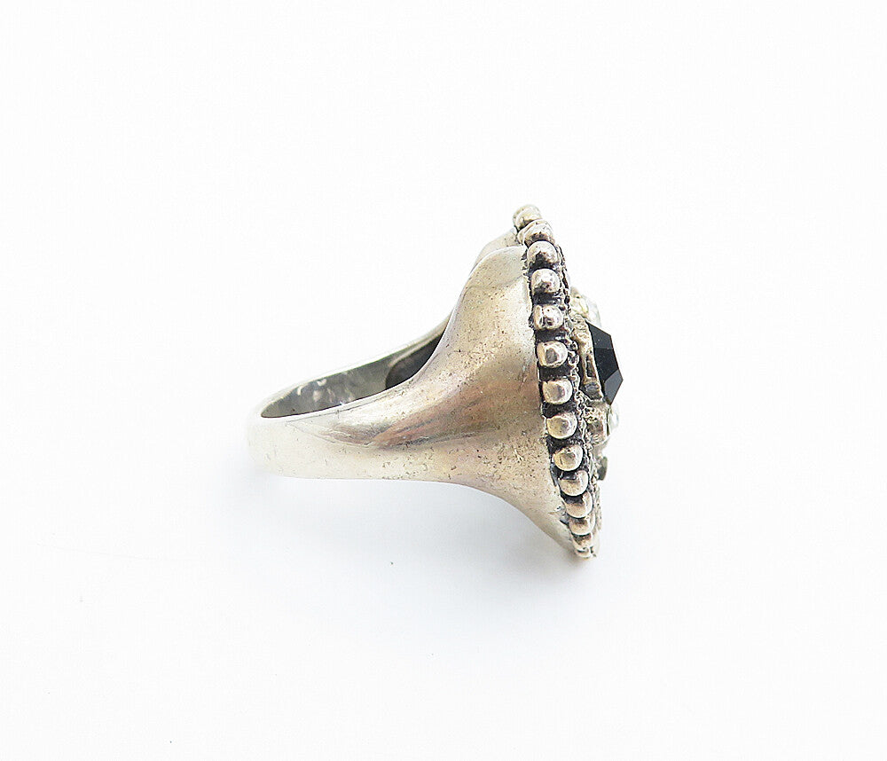925 Silver  Vintage Hematite & Cubic Zirconia Cocktail Ring Sz 5.5  RG7729