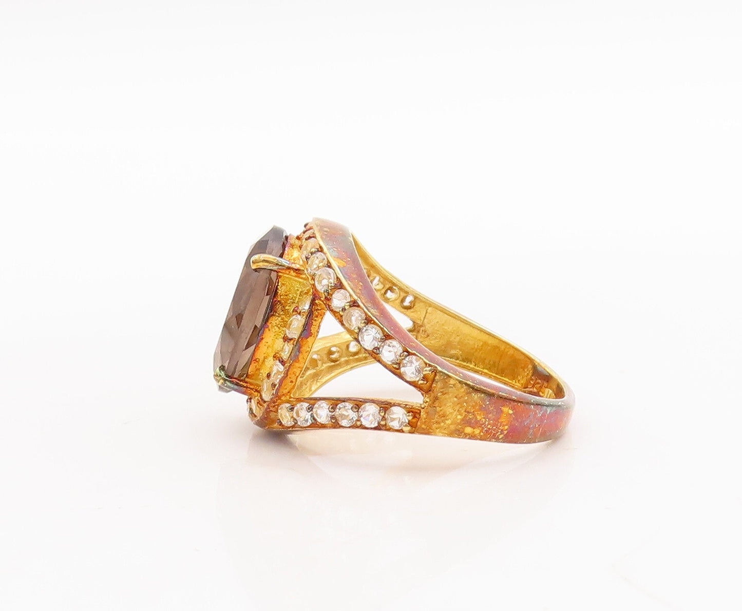 925 Sterling Silver Vintage Ring Gold Plated Smoky Quartz & Topaz  Sz 7  RG29373