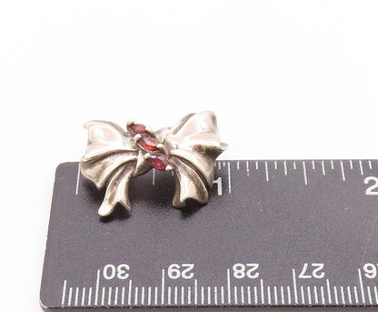 925 Sterling Silver Vintage Pendant Three Stone Garnet Ribbon Bow Charm  PT25033