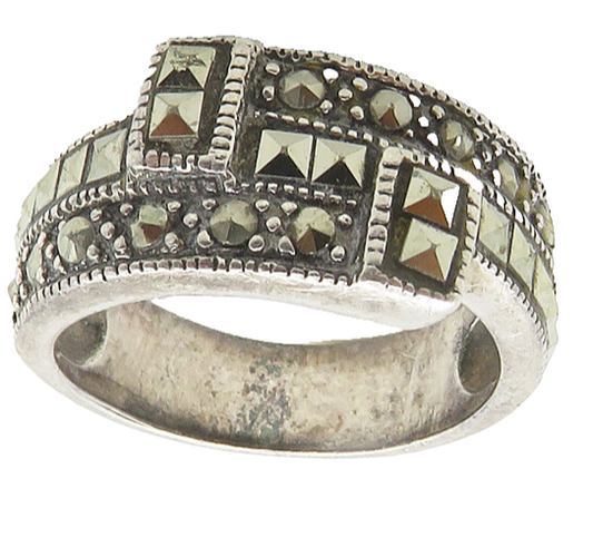 925 Sterling Silver  Vintage Sparkling Marcasite Bypass Ring Sz 6  RG19021