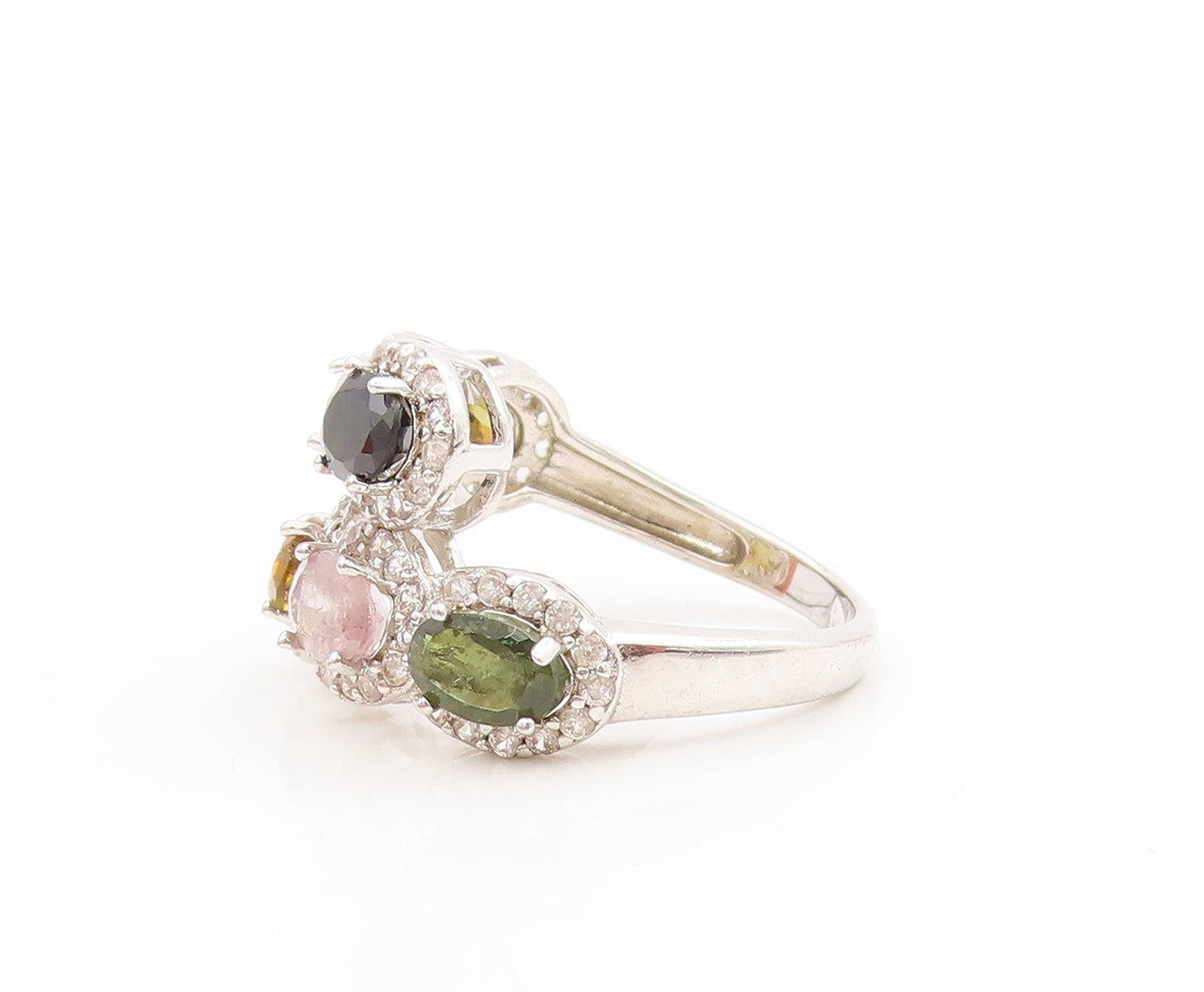925 Sterling Silver Vintage Ring Multi Gemstone & CZ Bypass Band  Sz 7  RG33741