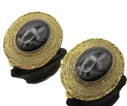 925 Sterling Silver  Vintage Cabochon Black Onyx Non Pierce Earrings  EG9922