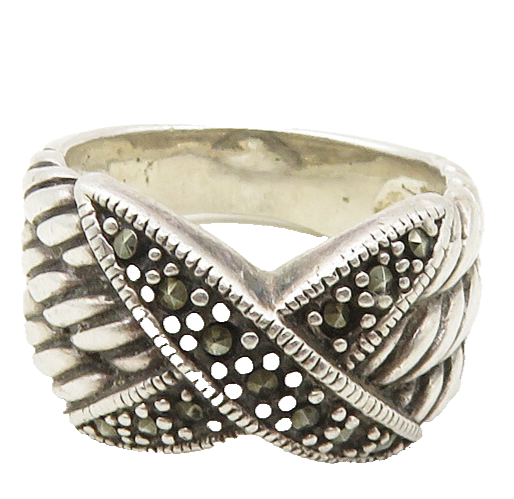 925 Sterling Silver  Vintage Marcasite Crossed Twist Band Ring Sz 8  RG18755
