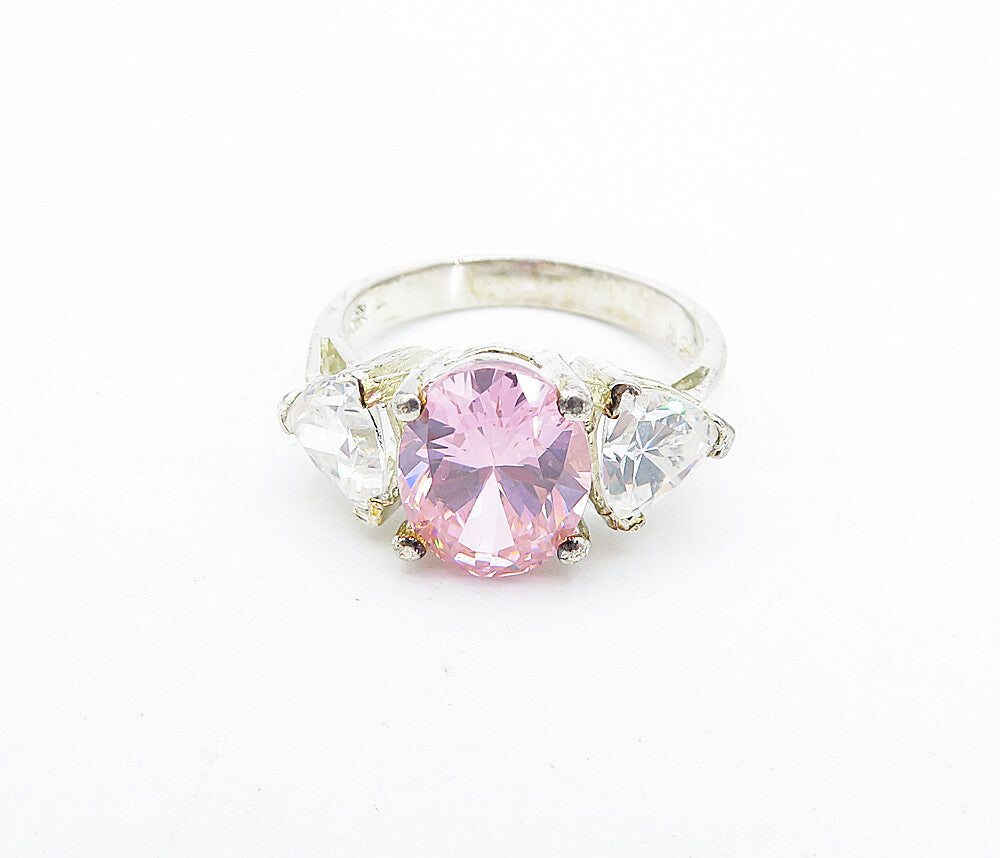 925 Sterling Silver  Pink & White Cubic Zirconia Shiny Band Ring Sz 6.5 RG5276