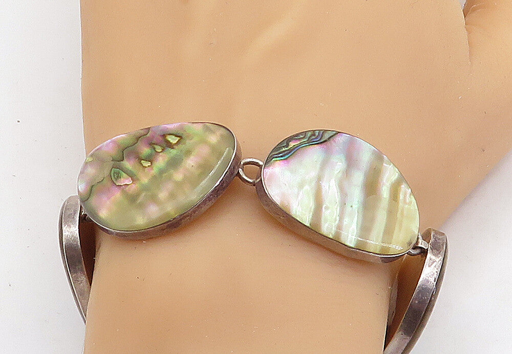 MEXICO 925 Sterling Silver  Vintage Shiny Abalone Shell Chain Bracelet  BT2175