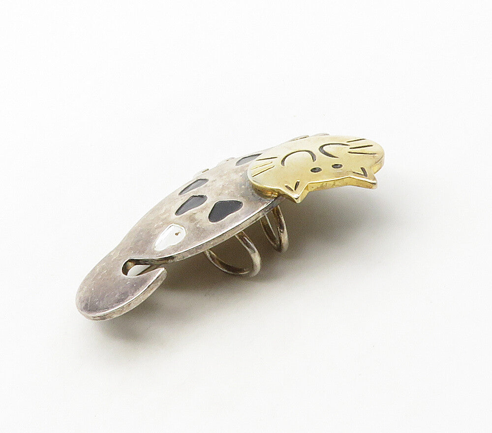 925 Silver  Vintage Black Onyx Two Tone Heart Spotted Cat Brooch Pin  BP6446