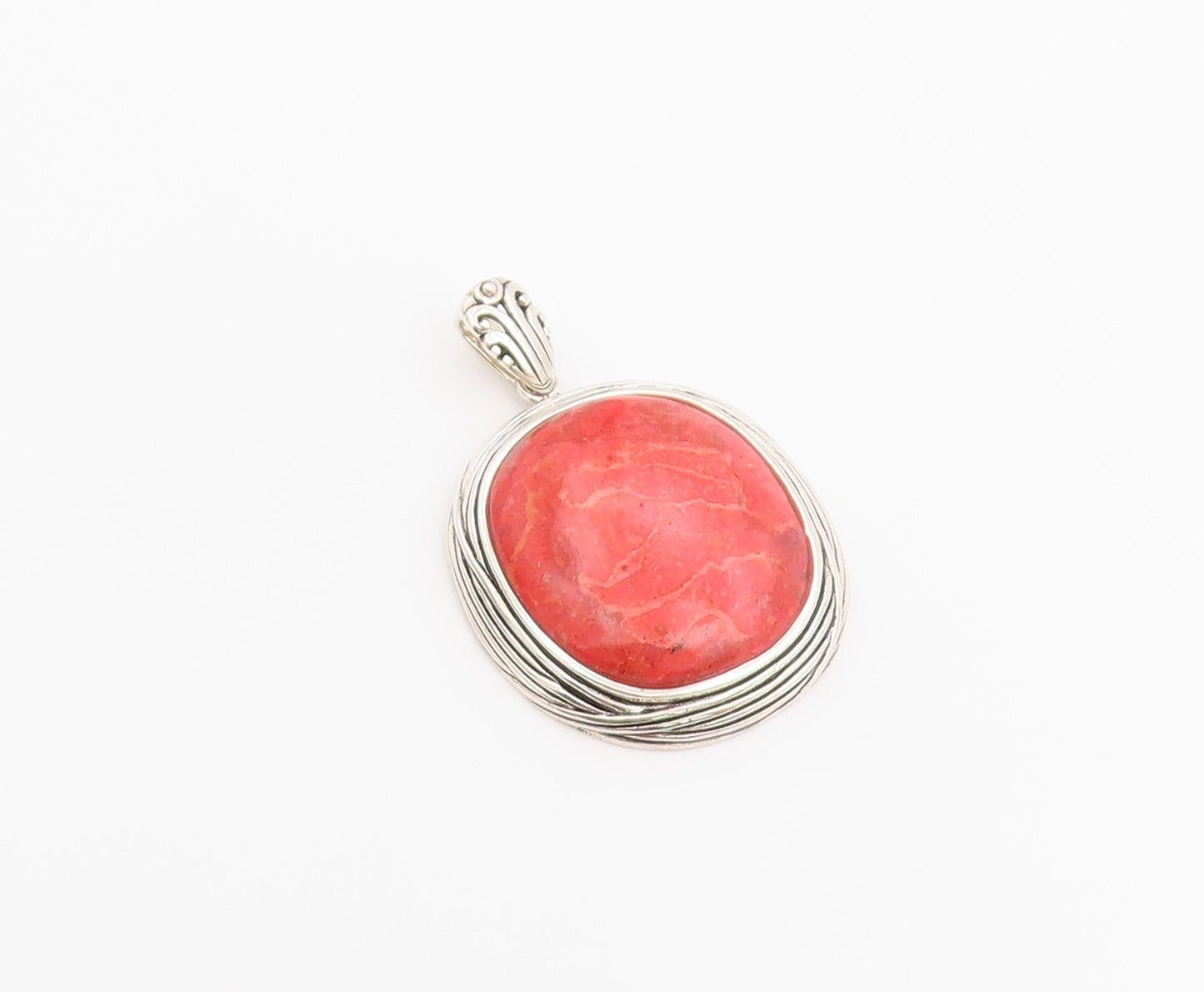 925 Sterling Silver Vintage Pendant Cabochon Pink Rhodochrosite Charm   PT26540