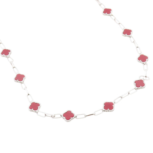 925 Sterling Silver Vintage Necklace Elegant Carnelian Lucky Clover Chain NE4917