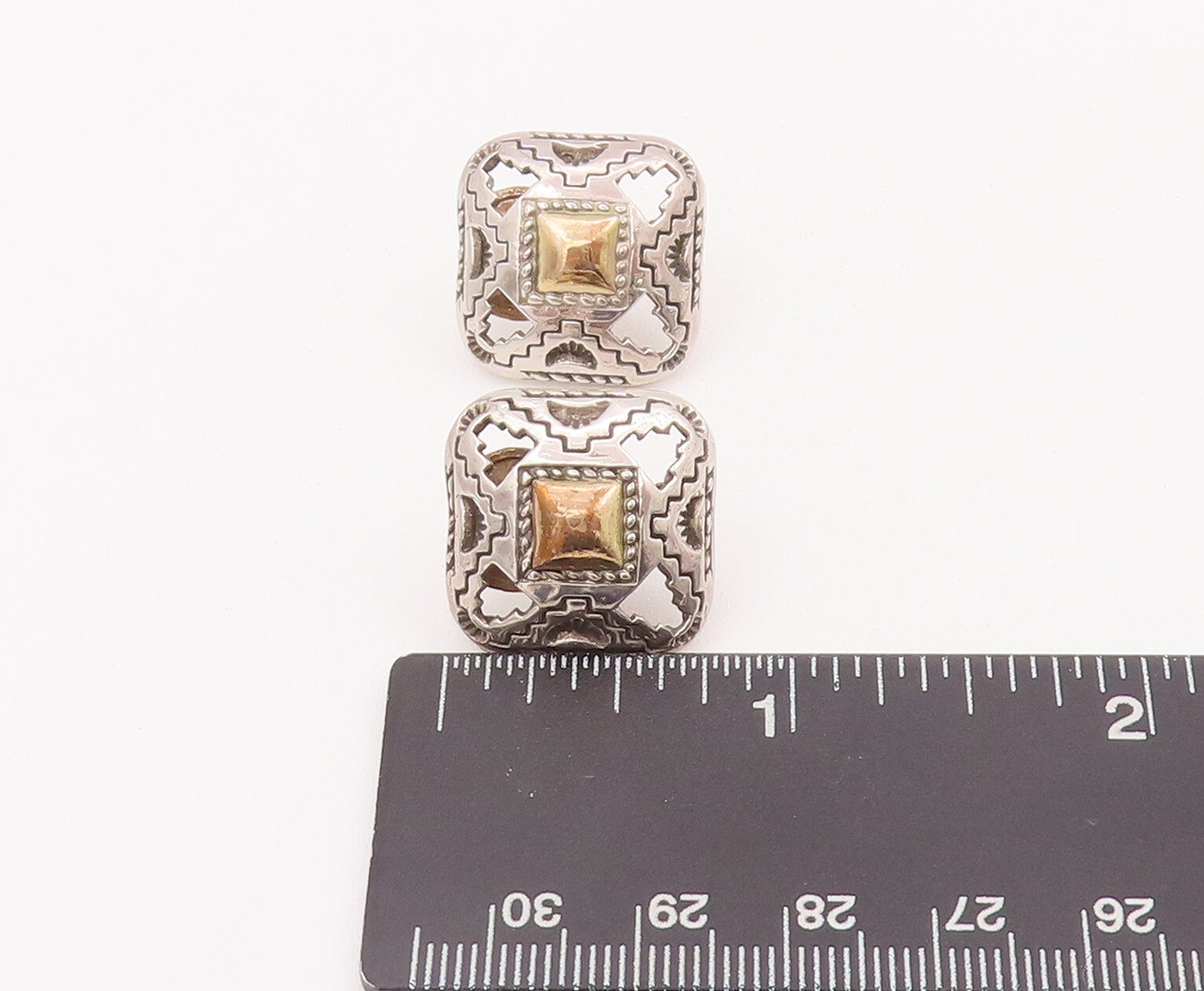 14k Gold 925 Sterling Silver Vintage Earrings CAROL FELLY Square Etched EG12928