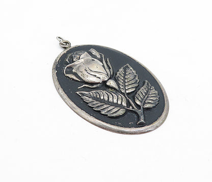 INTERNATIONAL 925 Sterling Silver Vintage Rose Flower Oval Pendant PT3890
