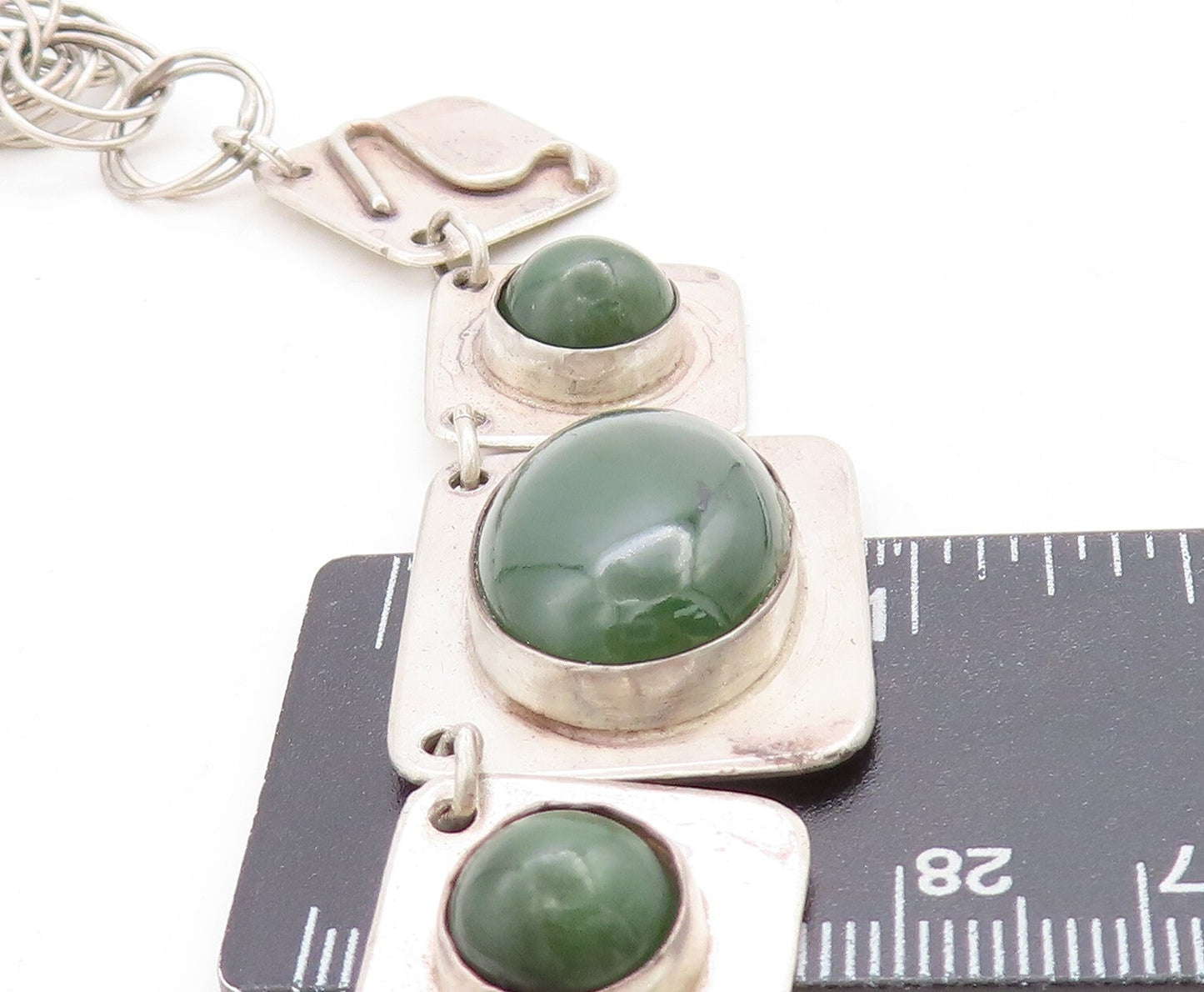 925 Sterling Silver  Vintage Cabochon Cut Green Jasper Chain Necklace  NE2149