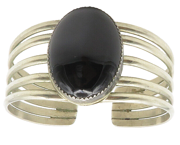 NAVAJO 925 Silver  Vintage Cabochon Black Onyx Split Cuff Bracelet  BT5695