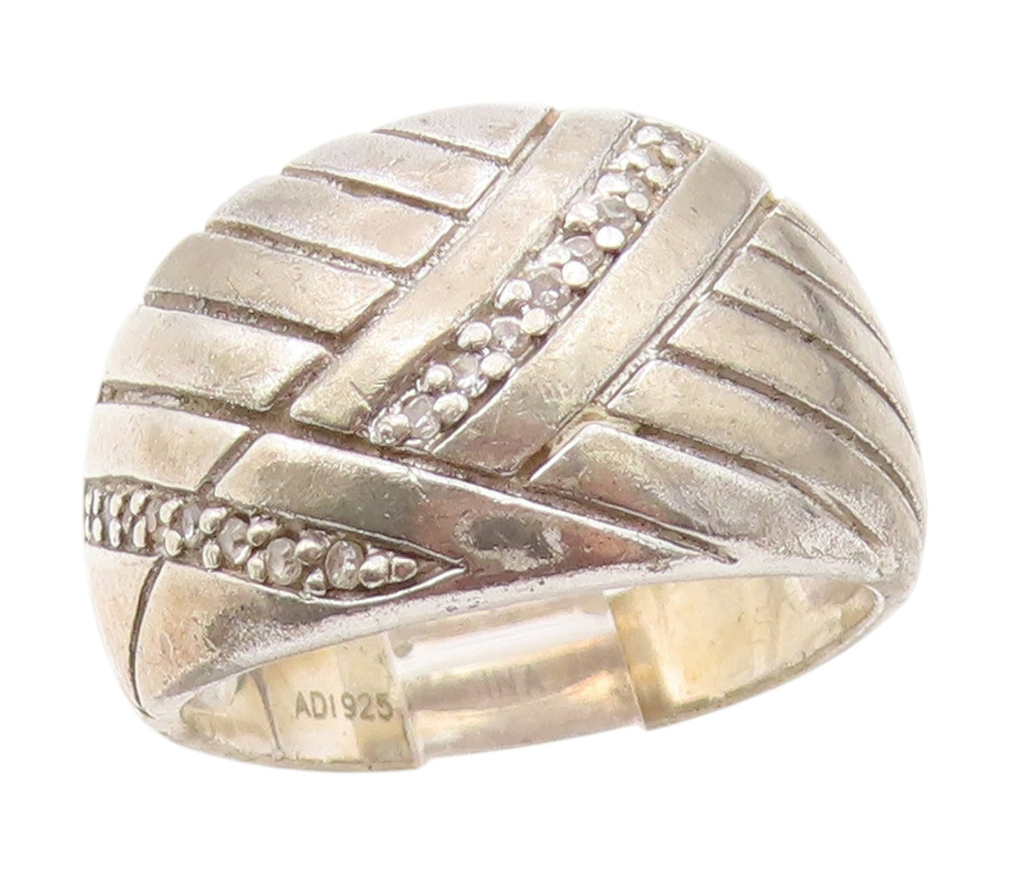 925 Sterling Silver Vintage Ring CZ Crossover Ribbed Dome Band  Sz 7  RG34528
