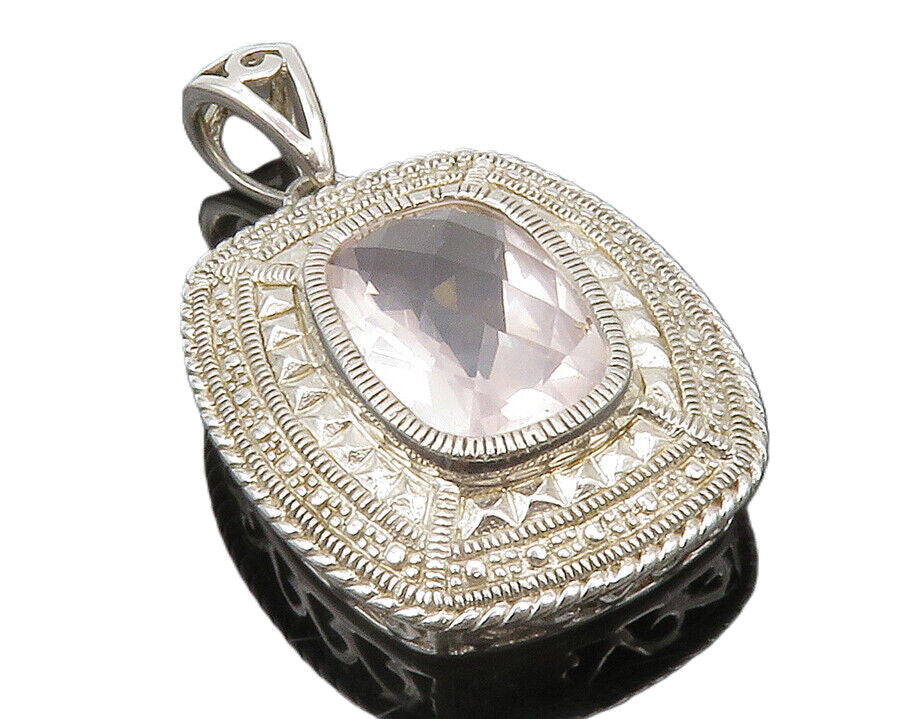 925 Sterling Silver  Faceted Topaz Patterned Border Shiny Drop Pendant  PT9787