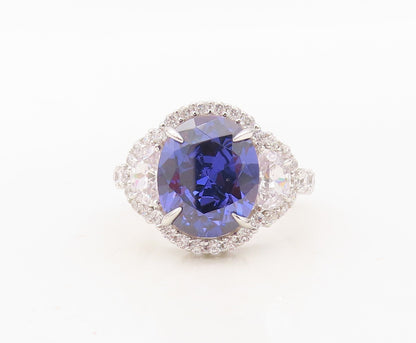 925 Sterling Silver Vintage Ring Oval Cut Sapphire Halo CZ Inlay  Sz 7  RG30510