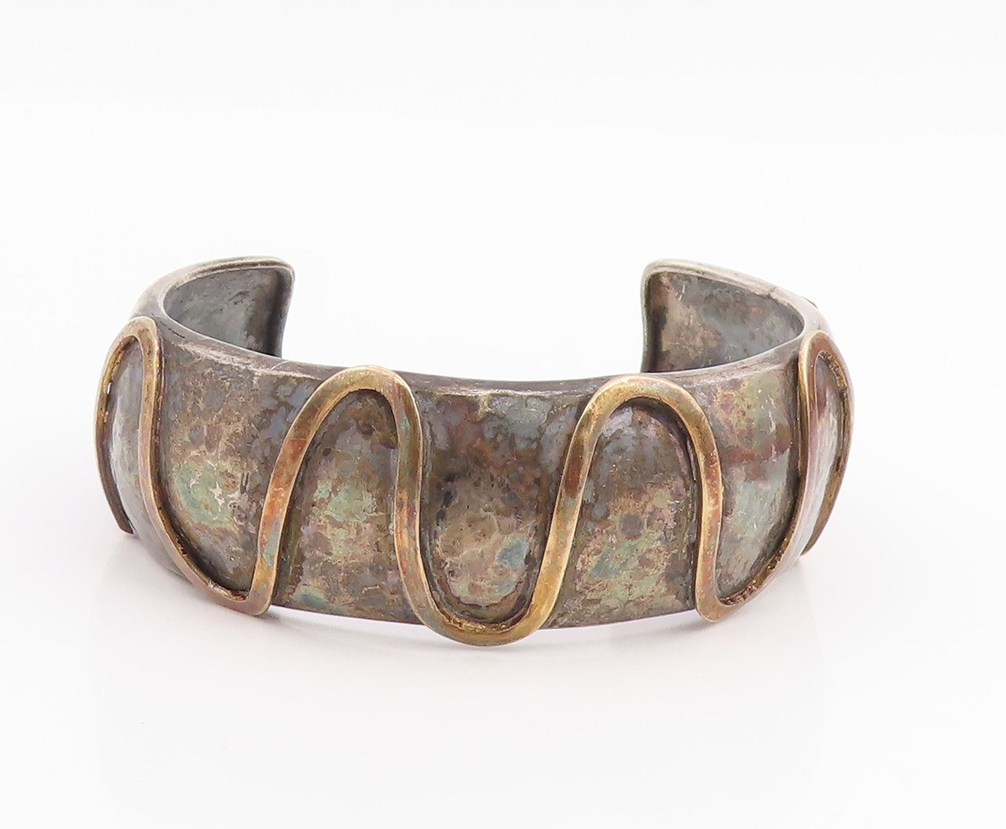 925 Sterling Silver Vintage Bracelet Two Tone Bold Hammered Wavy Cuff  BT11818