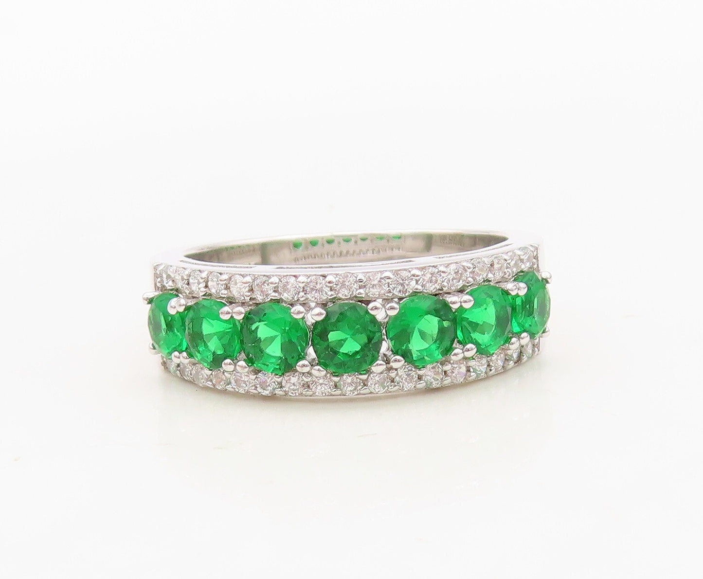 925 Sterling Silver Vintage Ring Round Cut Green & White CZ Bands Sz 7.5 RG30325