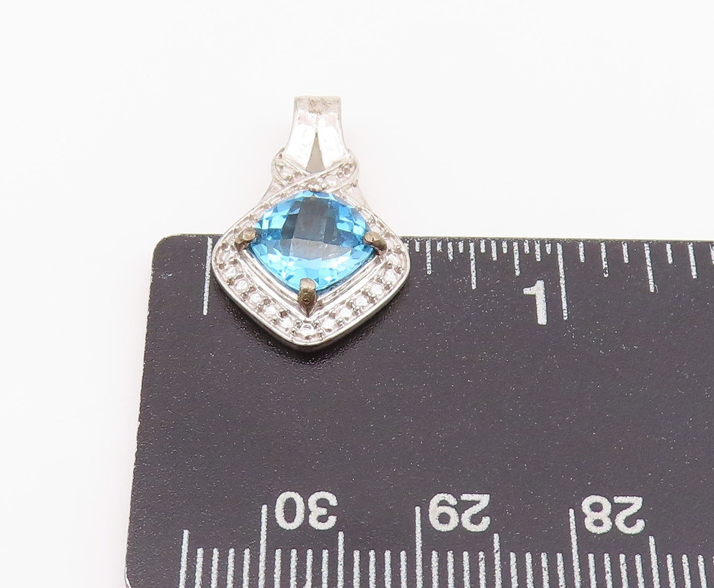 925 Sterling Silver Vintage Pendant Square Cut Blue Halo White Topaz   PT24265