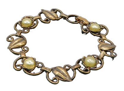 925 Sterling Silver  Vintage Freshwater Pearls Floral Chain Bracelet  BT6362