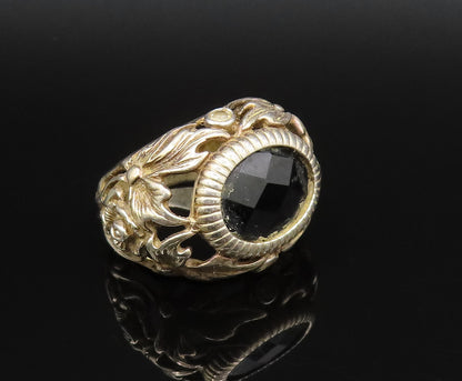 925 Silver  Vintage Oval Black Spinel Openwork Leaf Dome Ring Sz 6.5  RG25895