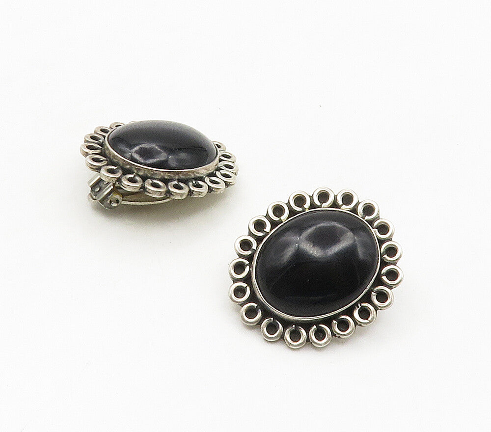 MEXICO 925 Silver  Vintage Black Onyx Floral Non Pierce Drop Earrings  EG7984