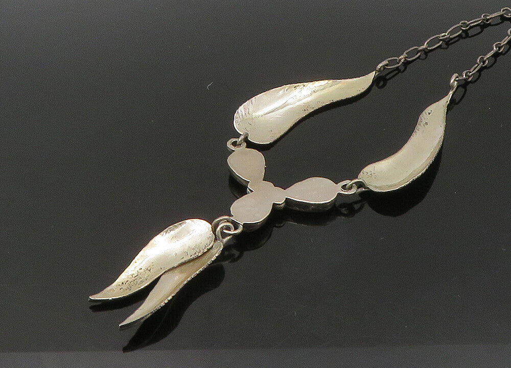 NAVAJO 925 Silver  Vintage Mother Of Pearl Floral Leaf Chain Necklace  NE3655