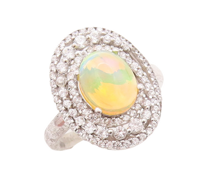 925 Sterling Silver Vintage Ring Oval Fire Opal Halo CZ Bands  Sz 8.5  RG30921