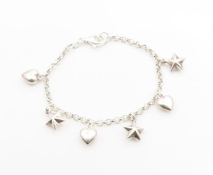925 Sterling Silver Vintage Bracelet Modernist Love Heart & Star Dangle  BT12047
