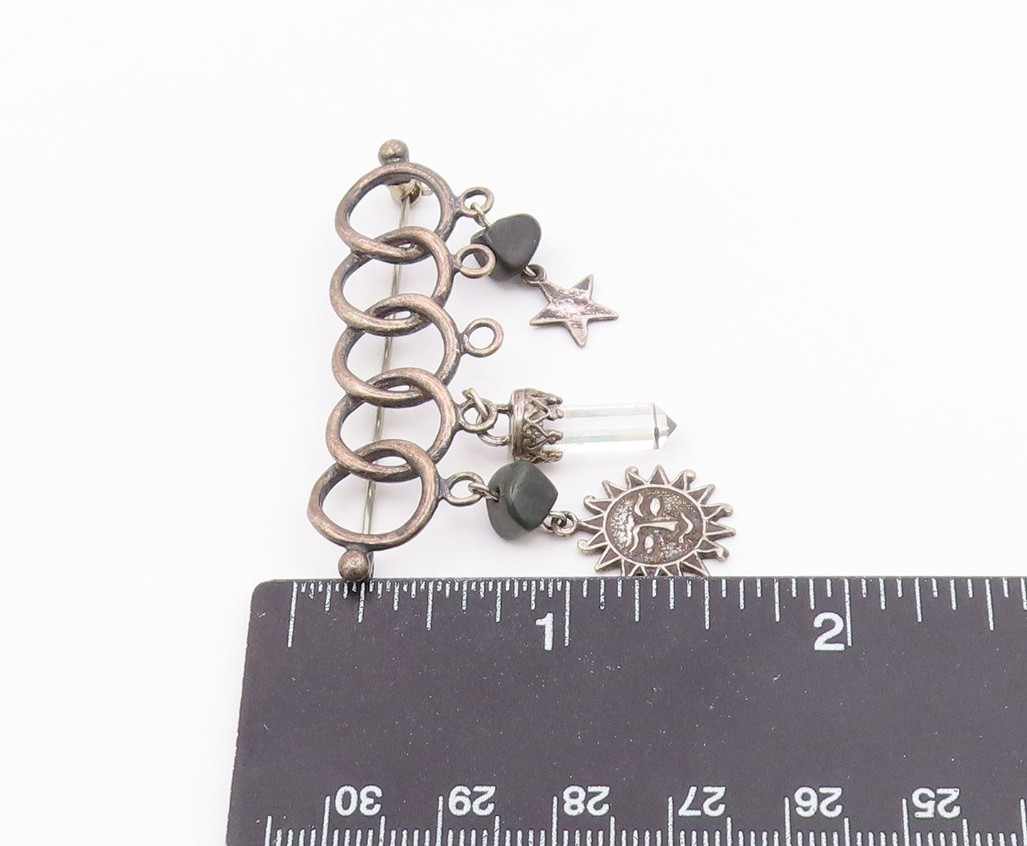 925 Sterling Silver  Vintage Black Onyx & Topaz Wand Charmed Brooch Pin BP6125