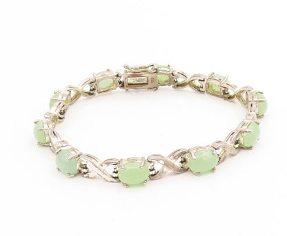 925 Sterling Silver Vintage Bracelet Oval Jade Elegant Crisscross Link  BT11744