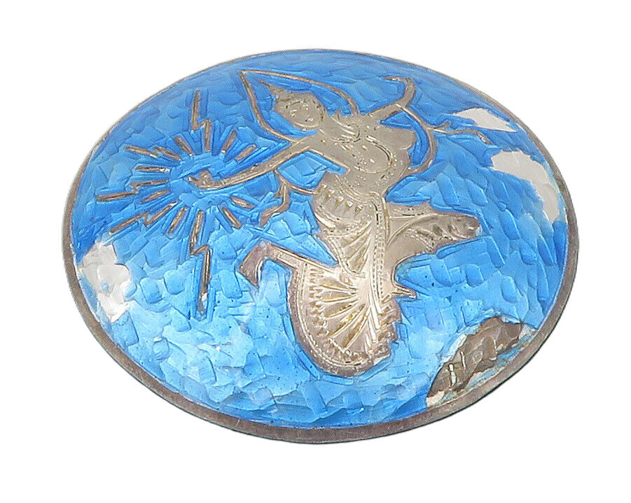 SIAM 925 Sterling Silver  Vintage Blue Enamel Dancer Round Brooch Pin  BP4791