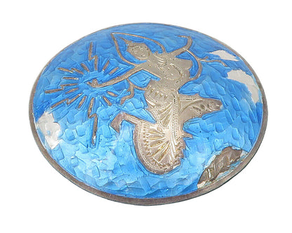 SIAM 925 Sterling Silver  Vintage Blue Enamel Dancer Round Brooch Pin  BP4791