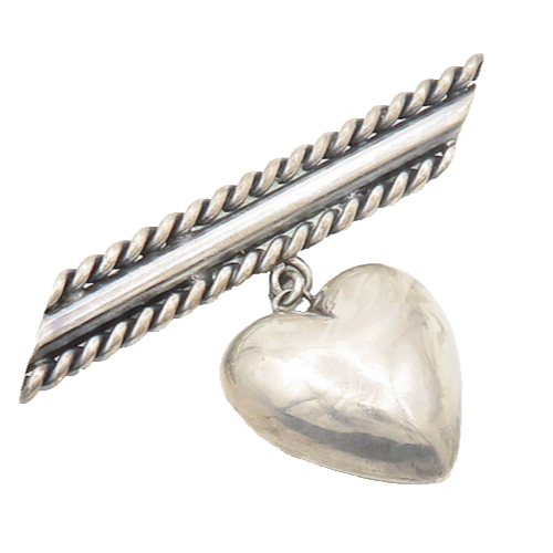 925 Sterling Silver  Vintage Dangling Love Hearts Twist Bar Brooch Pin  BP7536