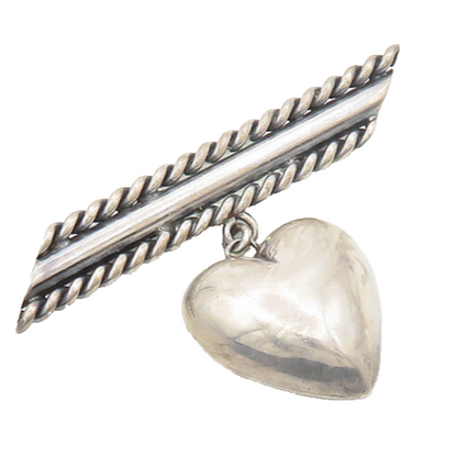 925 Sterling Silver  Vintage Dangling Love Hearts Twist Bar Brooch Pin  BP7536