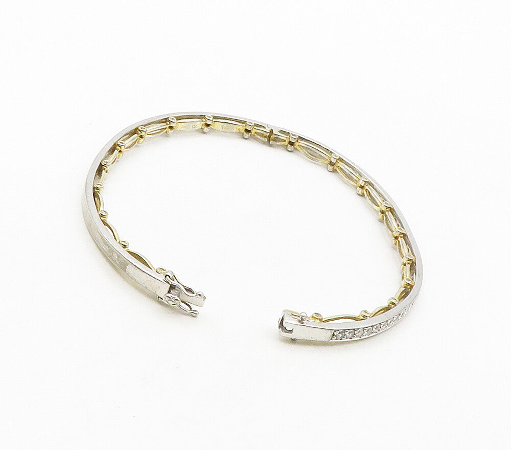 925 Sterling Silver  Cubic Zirconia Two Tone Oval Bangle Bracelet  BT6423