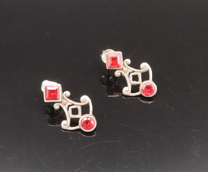 925 Sterling Silver  Vintage Round & Diamond Shaped Red Topaz Earrings EG12280