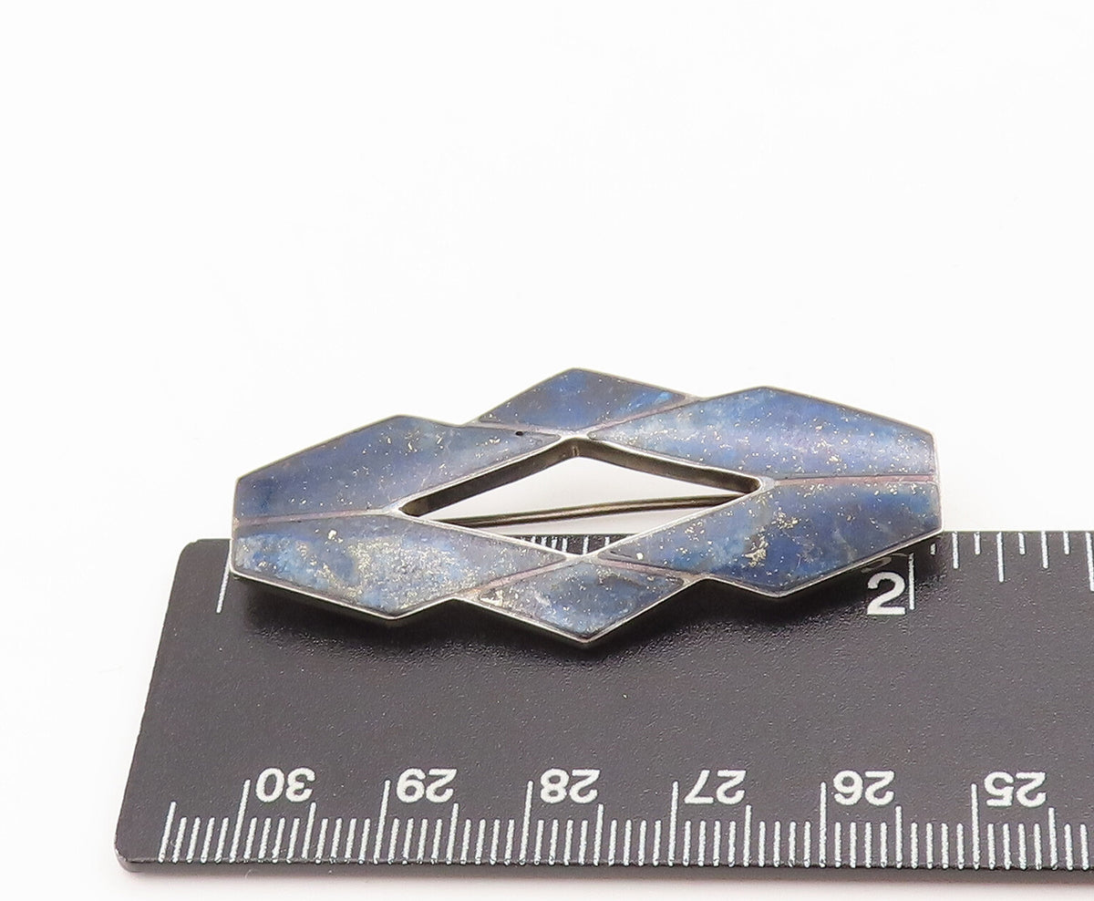 925 Sterling Silver Vintage Brooch Pin Designer Brutalist Blue Enameled BP10612